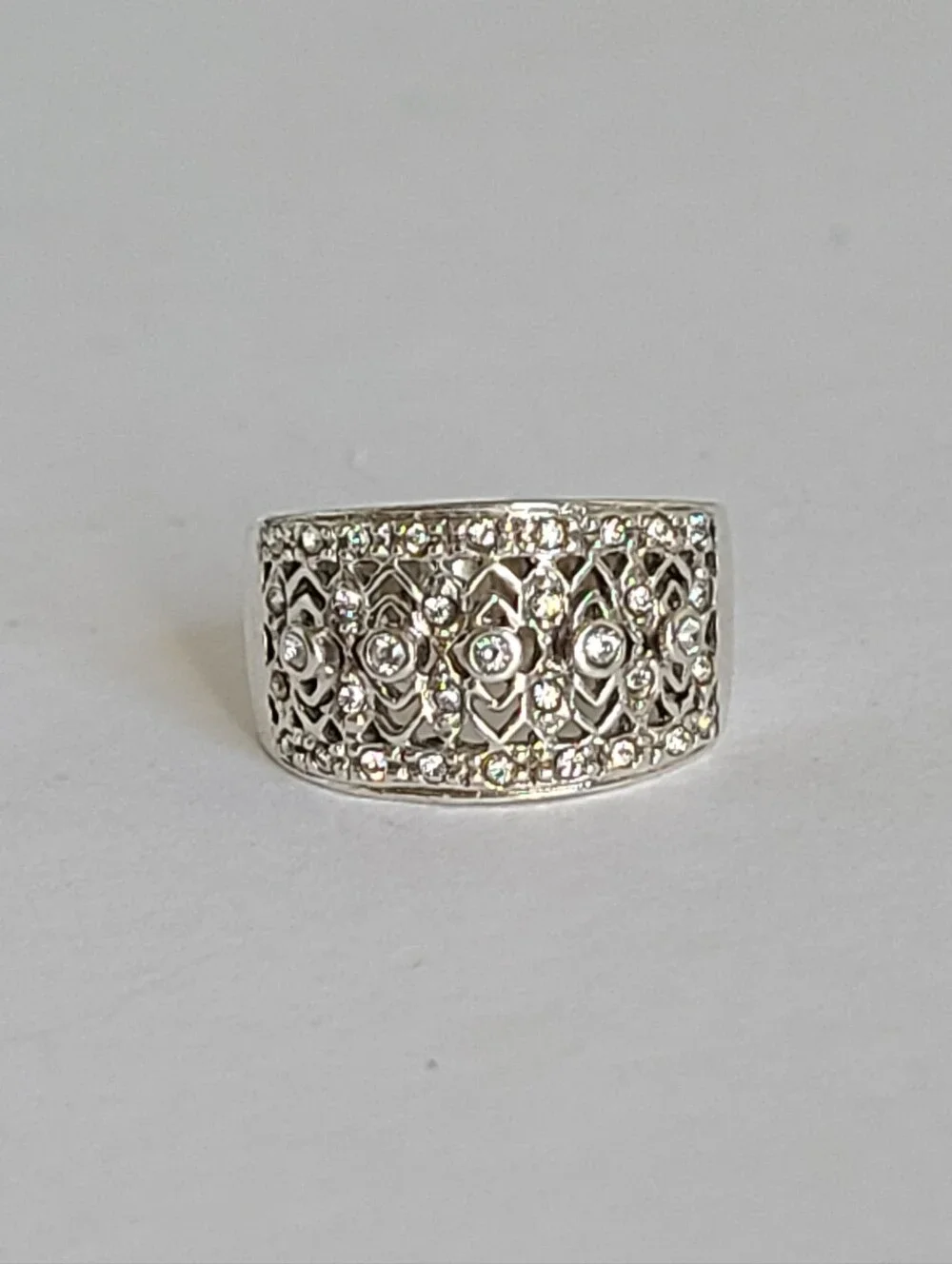 Elegant Sterling Silver CZ Rhinestone Crystal Filigree Chunky Wide Band Ring 6 - Picture 2 of 15